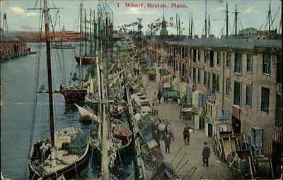 Boston MA T Wharf Fishing Boats Bird's Eye View Old c1910...