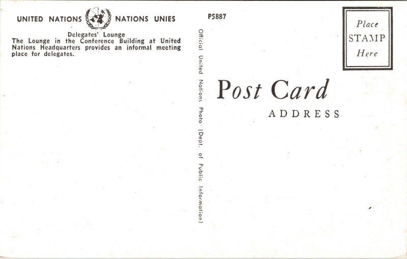 Lounge Conference Building United Nations Headquarters Delegates Postcard VTG  