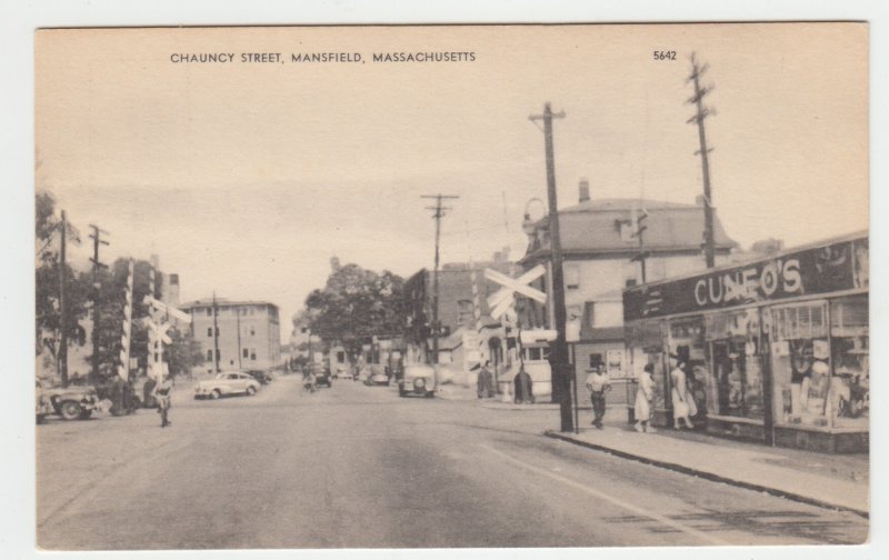 P2469, vintage postcard chauncy street view mansfield mass railroad crossing