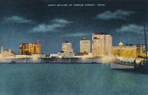 Corpus Christi TX, Texas - Night Skyline over Harbor - Linen