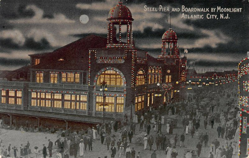 Steel Pier and Boardwalk By Moonlight, Atlantic City, N.J., Early Postcard