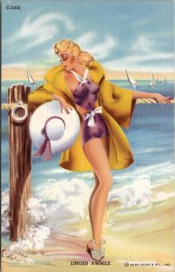 Bathing Beauties Sexy Woman Swimsuit Linger Awhile  Linen Postcard Y20