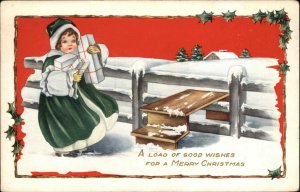 Whitney Christmas Little Girl in Green with Gifts Presents Vintage Postcard