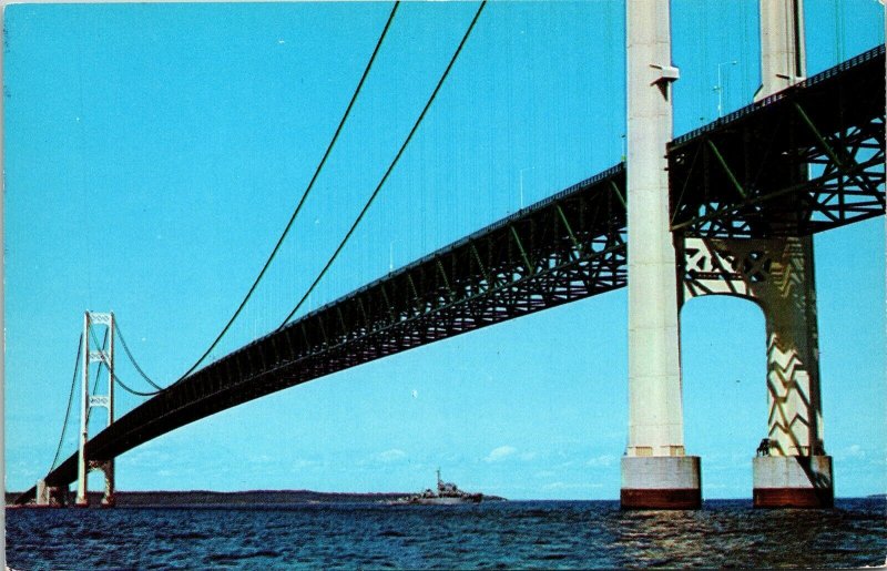 Mackinac Bridge Longest Suspension Bridge World MI Michigan Postcard VTG UNP 