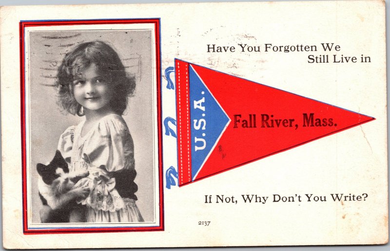 Have you forgotten we still live in Fall River - pennant little girl holding cat