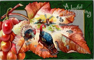 Autumn Scene, Turkeys Joyful Thanksgiving Embossed c1909 Vintage Postcard F53