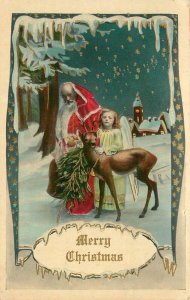 Santa Claus Christmas Postcard Bald Santa With Little Girl Angel and Reindeer