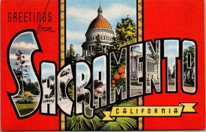 Vtg Large Letter Greetings Sacramento California CA Linen Postcard