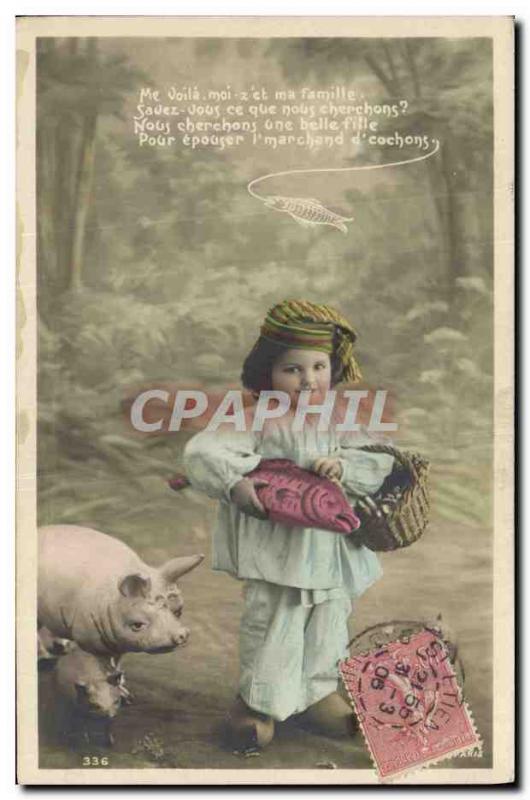 Postcard Old Pig Pig Kids Fish