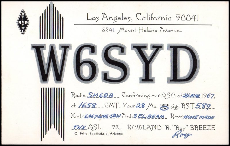 QSL Radio Card call sign W6SYD from USA 1967