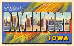 Greetings From Davenport Iowa Large Letter 1941 linen postcard