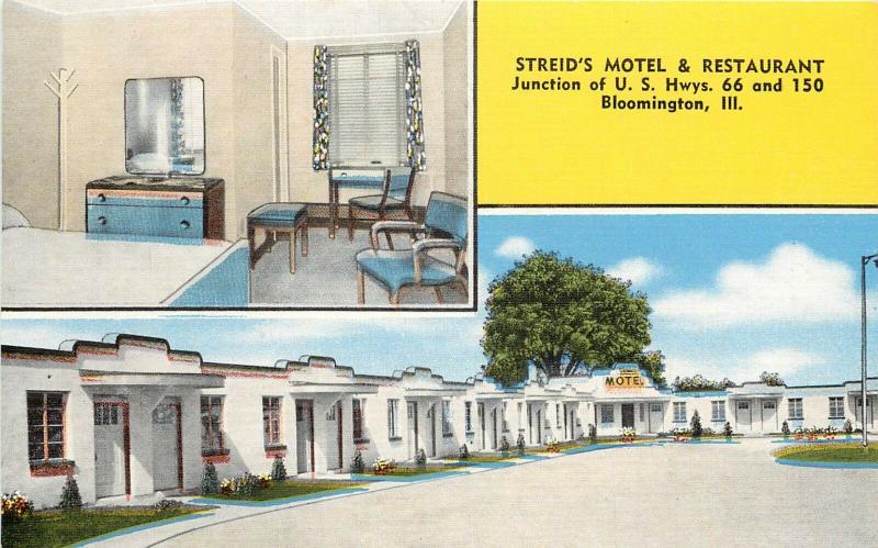 Linen Roadside Multiview Postcard Streid's Motel Bloomington IL Route 66 