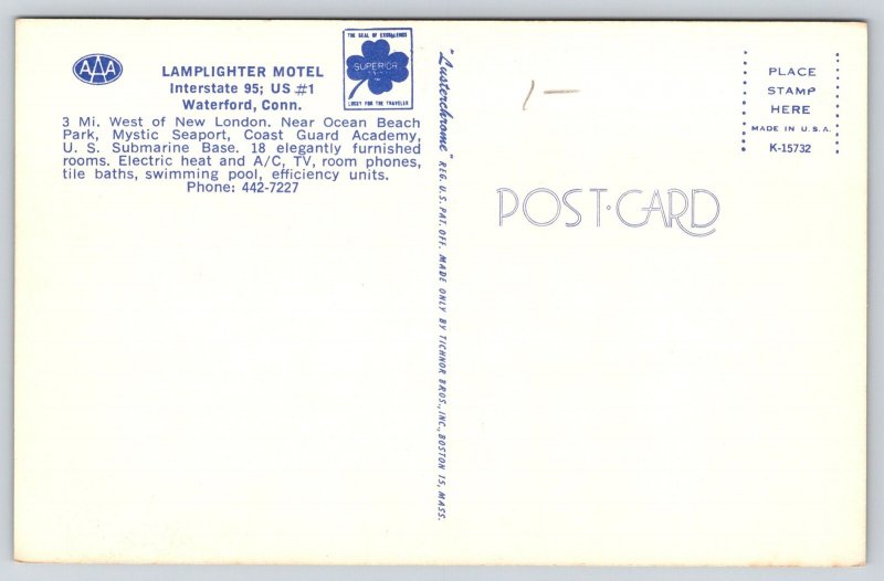 Roadside~Waterford Connecticut~Lamplighter Motel~Pool~Umbrella~1950s Postcard