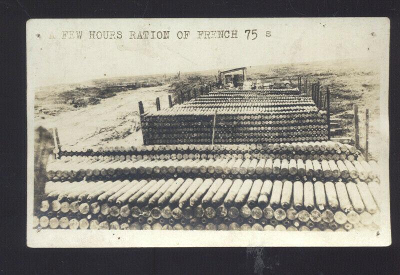 RPPC WWI FRANCE 75 MM ARTILLERY SHELLS BOMBS VINTAGE REAL PHOTO POSTCARD