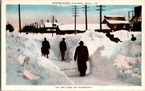 Snowy Winter Scene, Calumet MI Vintage Postcard K77