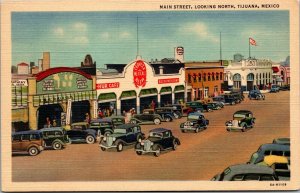 Vtg Tijuana Mexico Main Street View Looking North Old Cars 1930s Linen Postcard