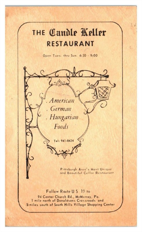 Candle Keller Restaurant, American German Hungarian Foods, McMurray, PA Postcard