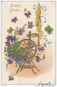 BIRTHDAY, Greetings, Gold Spinning Wheel, Violets, Shamrocks, Gold details, P...