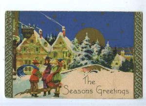 187376 X-MAS Christmas SEASONS GREETINGS Moon Vintage PC