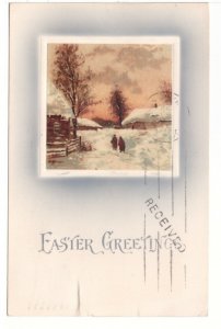 Easter Greetings, Winter Rural Scene, Vintage 1909 Embossed Postcard