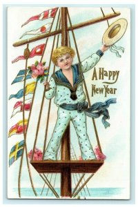 Young Sailors Nautical New Year c1910 Gold Embossed Vintage Antique Postcard 