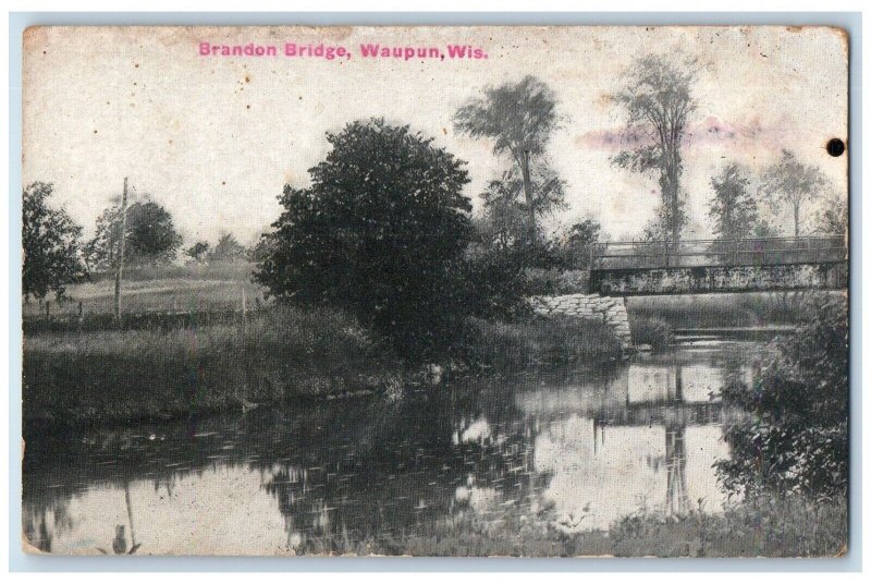 1918 Brandon Bridge Scenic View Lake Waupun Wisconsin Vintage Antique Postcard