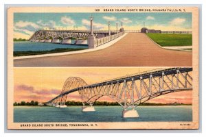 Dual View Grand Island North and South Bridge New York NY Linen Postcard S25