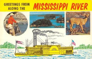 MISSISSIPPI RIVER Greetings Steamboat Fishing Deer c1960s Vintage Postcard