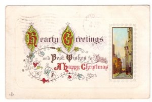 Hearty Greetings, Town Street Scene, Antique 1912 Embossed Christmas Postcard