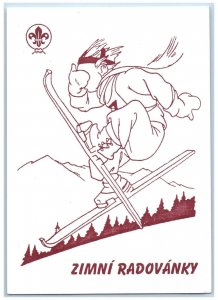 Czech Republic Postcard Boy Scout Skiing Winter Zimni Radovanky Unposted Vintage