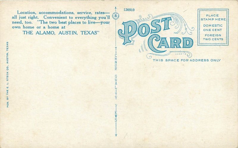 c1920 Postcard; Alamo Hotel, Austin TX West 6th, Tourist, Commercial Residential 