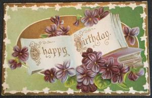 Postcard Used “Happy Birthday” embossed Flowers LB