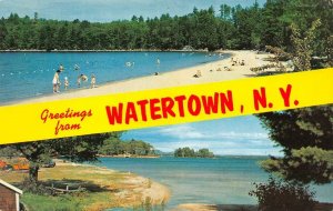 New York NY   WATERTOWN Greetings  KIDS AT BEACH~PICNIC  Jefferson Co Postcard