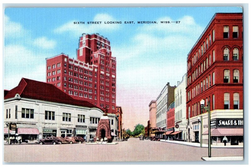 c1940's Sixth Street Looking East Meridian Mississippi MS Business Area Postcard