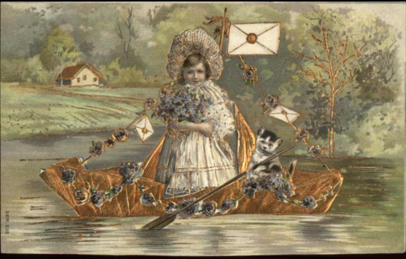 Little Girl w/ Kitty Cat on Gold Boat w/ Flowers & Letters c1910 Postcard