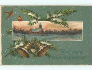 Unused Pre-Linen christmas BIRDS WITH BELLS AND PINE BRANCHES AND CHURCH k0866