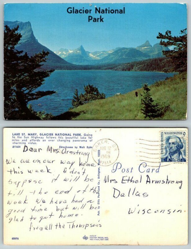 1969 Lake St. Mary Glacier National Park Montana MT Vintage Postcard