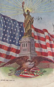 Statue Of Liberty Relief Painted Effect USA Eagle Flag Old Postcard