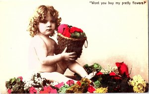 Hand Colored Won't You Buy Me Pretty Flowers Child w/Flowers Vintage Postcard