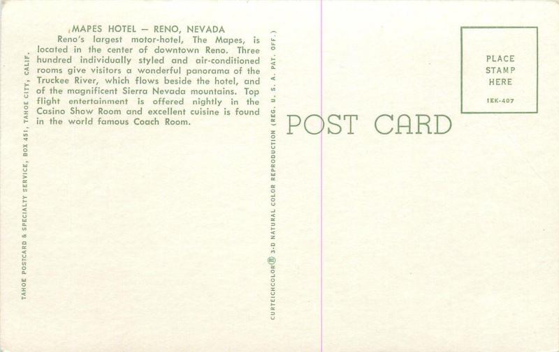 RENO, NV Nevada     The  MAPES HOTEL, CASINO  Street Scene   c1960s   Postcard