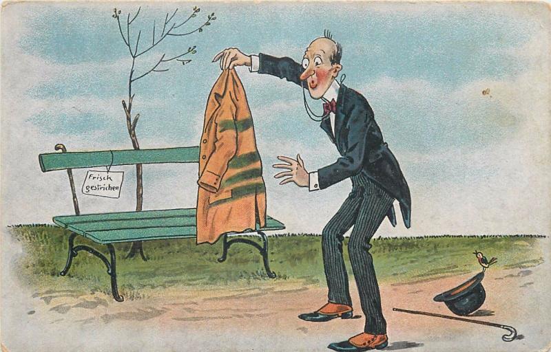 vintage comic postcard germany humour man caricature fresh pain coat accident