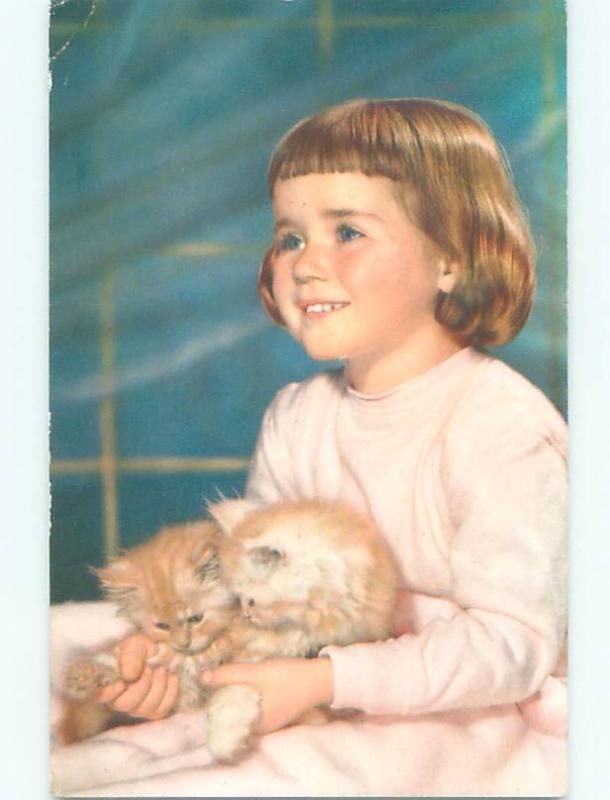 Pre-1980 foreign PAIR OF CUTE KITTEN CATS HELD BY EUROPEAN GIRL J4531