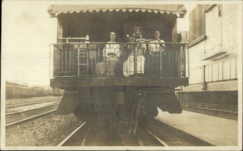 Women Back of RR Train Car International epworth League Pennant RPPC c1910 