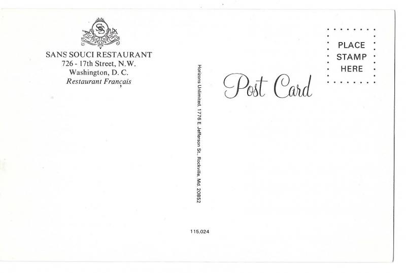 Sans Souci Restaurant Interior Dining Room Washington DC Vtg Postcard
