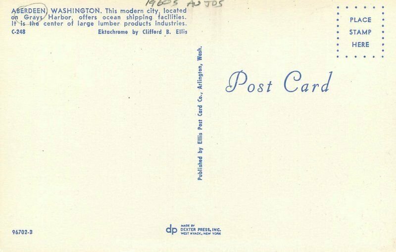 Washington Aberdeen 1960s Autos Gray's Harbor Dexter Ellis Postcard 22-4639