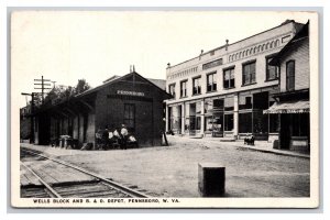 Wells Block and B & O Depot Pennsboro West Virginia WV B&W WB Postcard L19