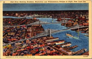 East River Showing Brooklyn Manhattan & Williamsburg Bridge NYC Postcard PC188