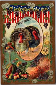 Postcard Thanksgiving Patriotic turkeys with fruit grapes