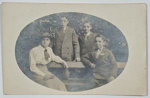 RPPC Lovely Group Young People Siblings Park Bench Masked Oval Postcard U3