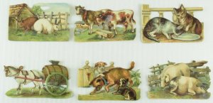 1880's Lovely Die Cut Barn Animals Pigs Rabbits Dogs Kitten Cards Lot of 6 PD202